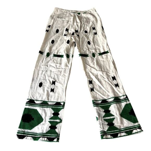 Zara Pants Womens High Rise X-Small Embroidered White Green Linen Blend - Picture 5 of 13